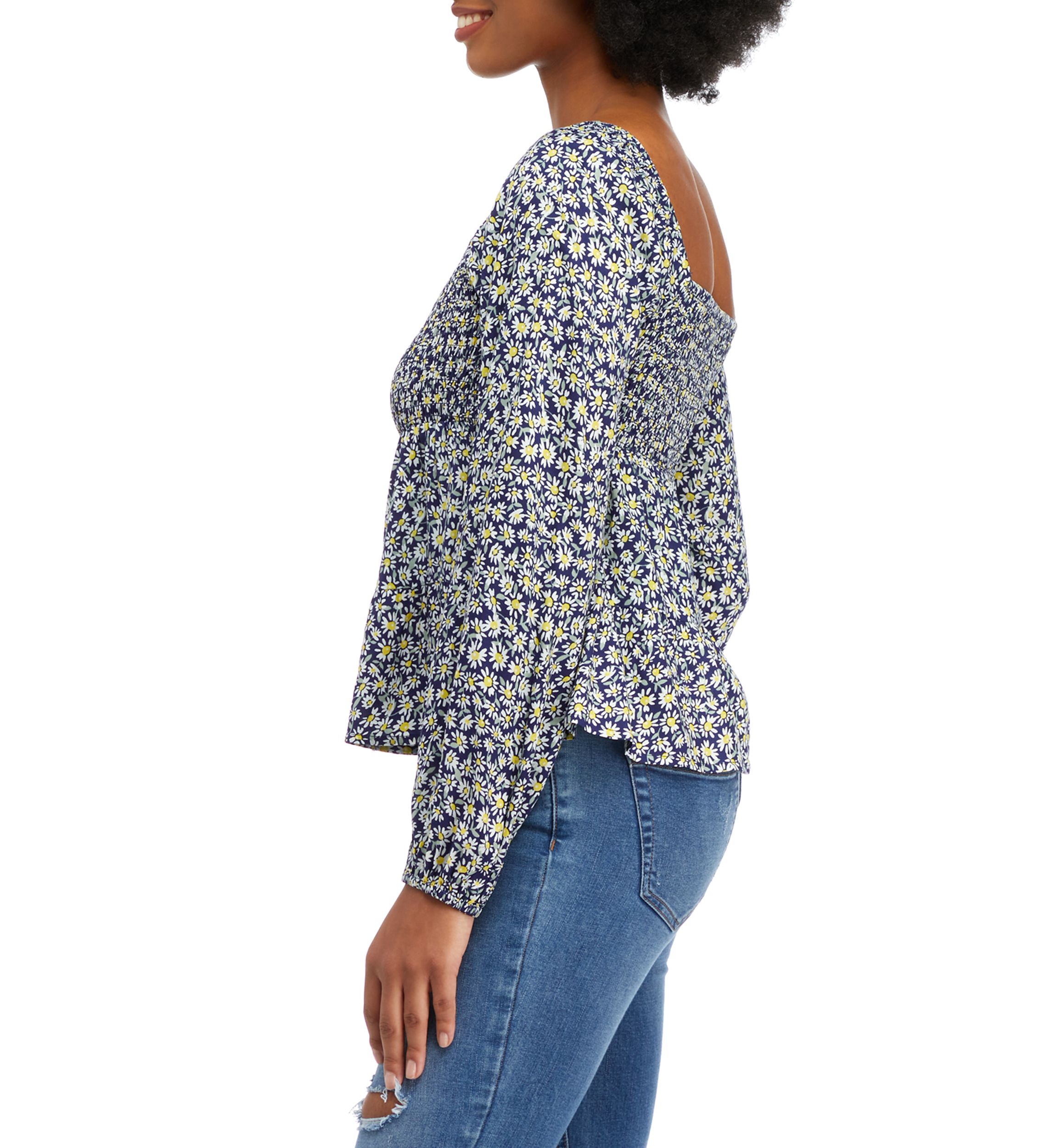 Juniors Long Sleeve Smocked Tiered Peplum Top