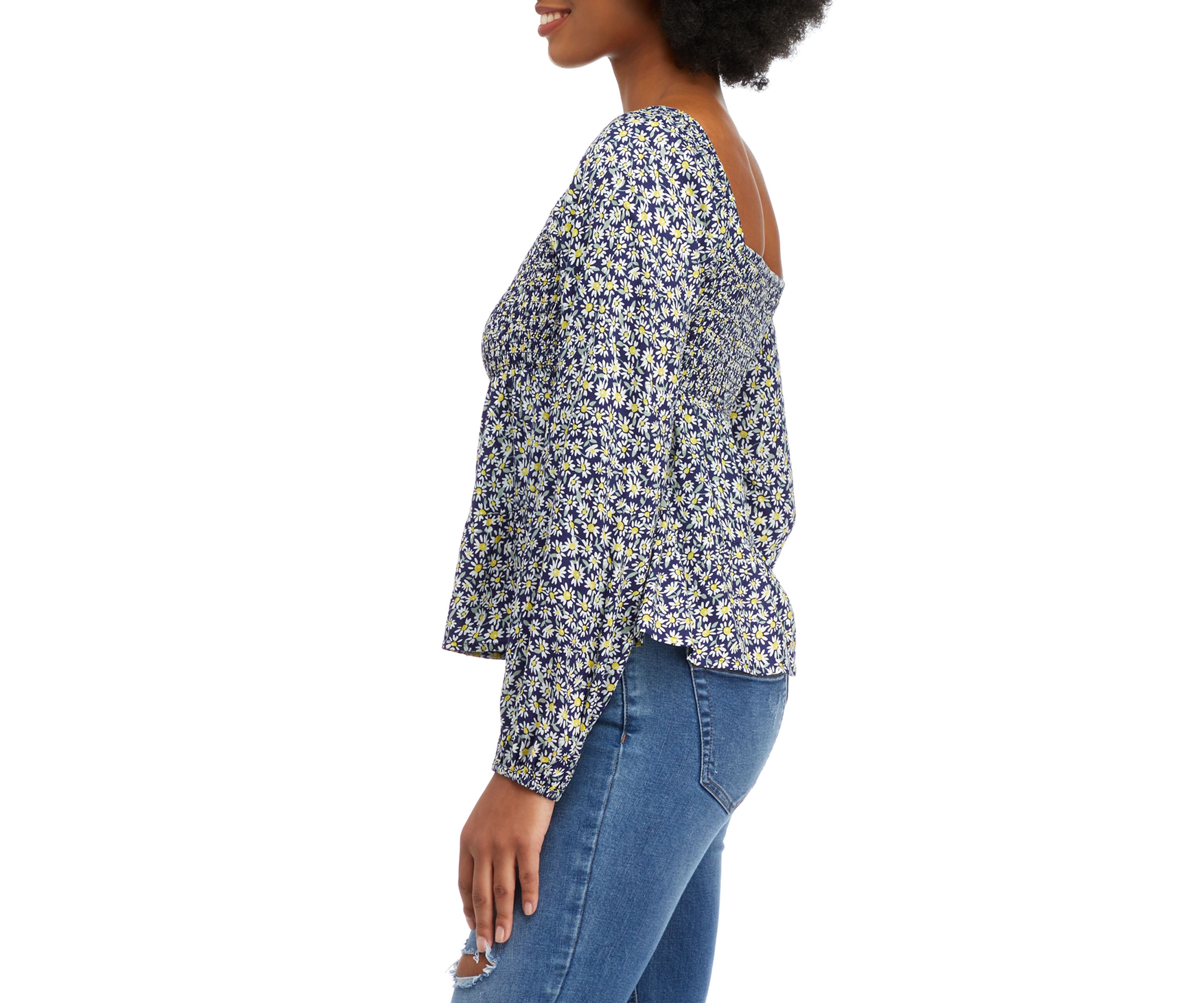 Juniors Long Sleeve Smocked Tiered Peplum Top