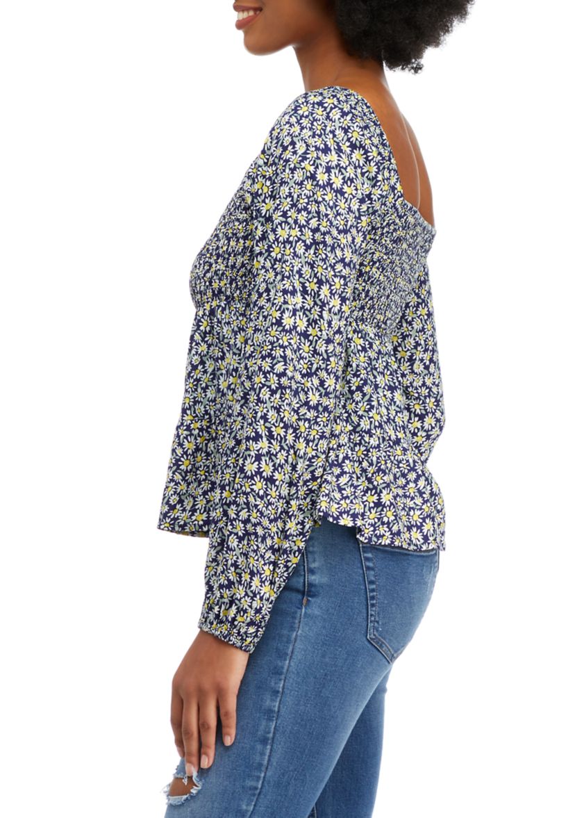 Juniors Long Sleeve Smocked Tiered Peplum Top