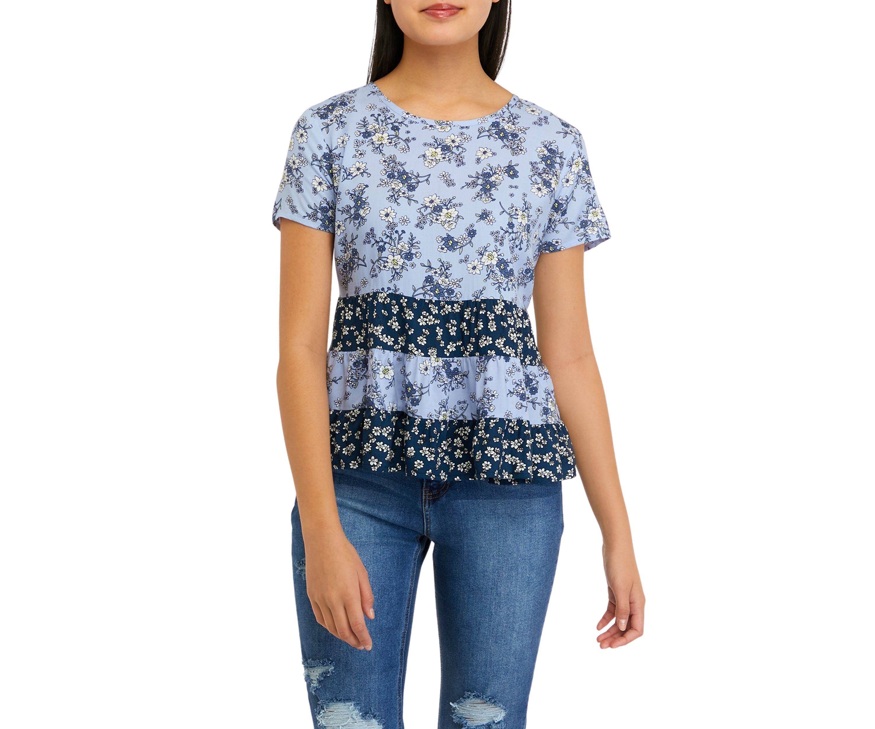 Juniors Short Sleeve Mixed Tiered Babydoll Top