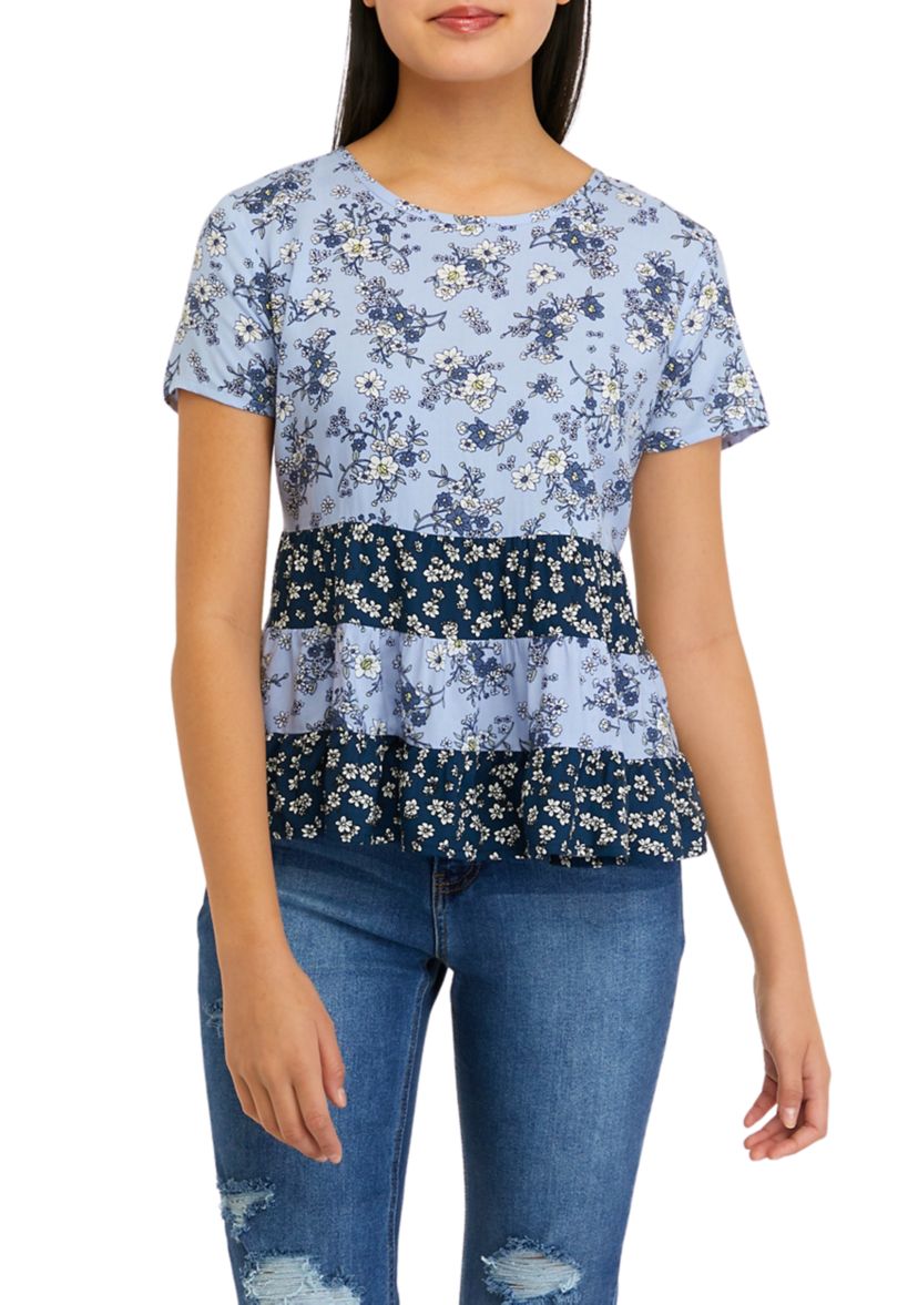 Juniors Short Sleeve Mixed Tiered Babydoll Top