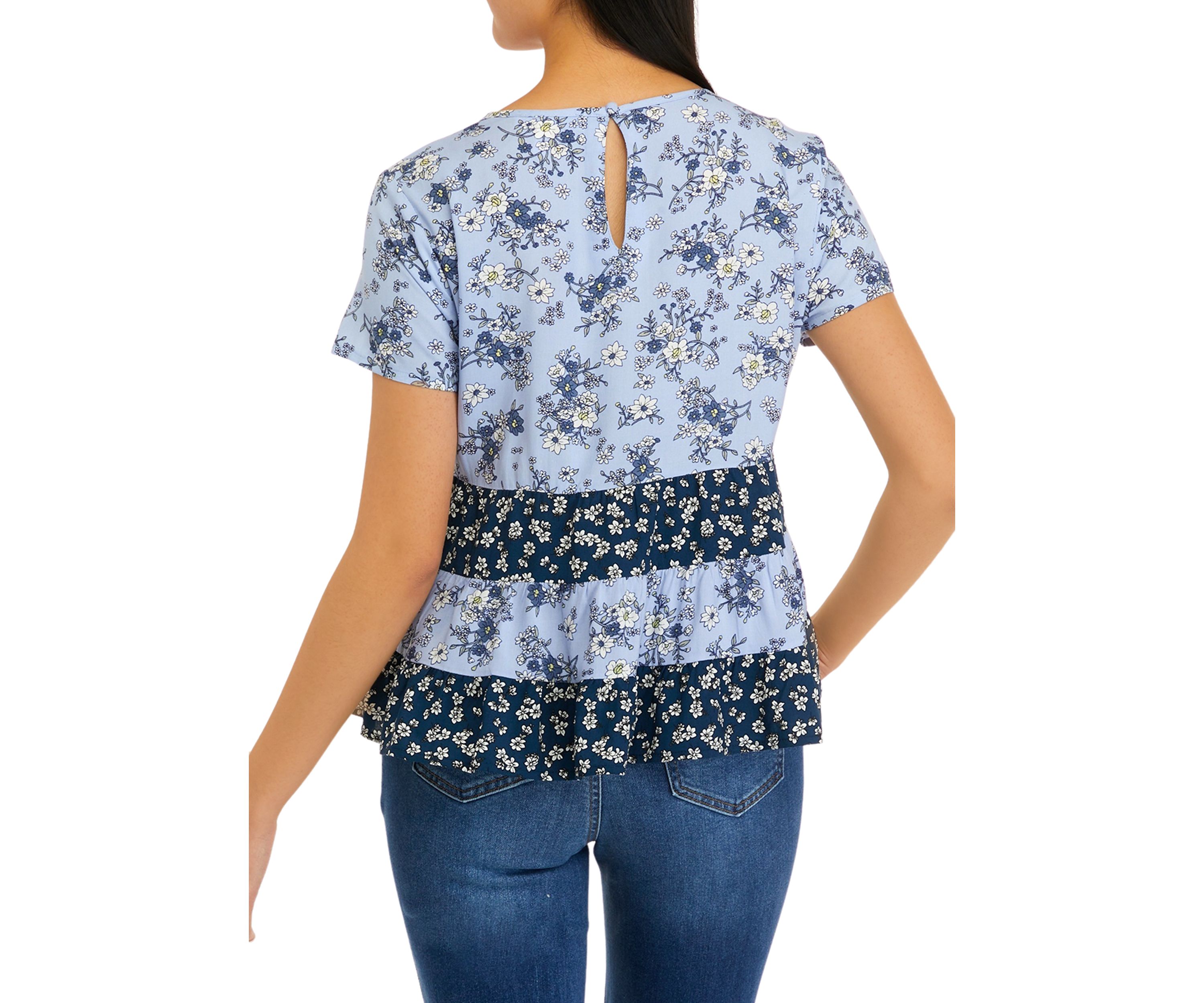 Juniors Short Sleeve Mixed Tiered Babydoll Top
