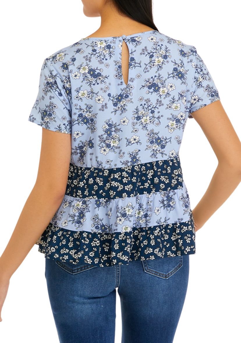 Juniors Short Sleeve Mixed Tiered Babydoll Top