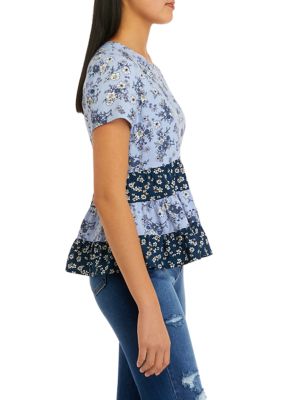 Juniors' Short Sleeve Mixed Tiered Babydoll Top