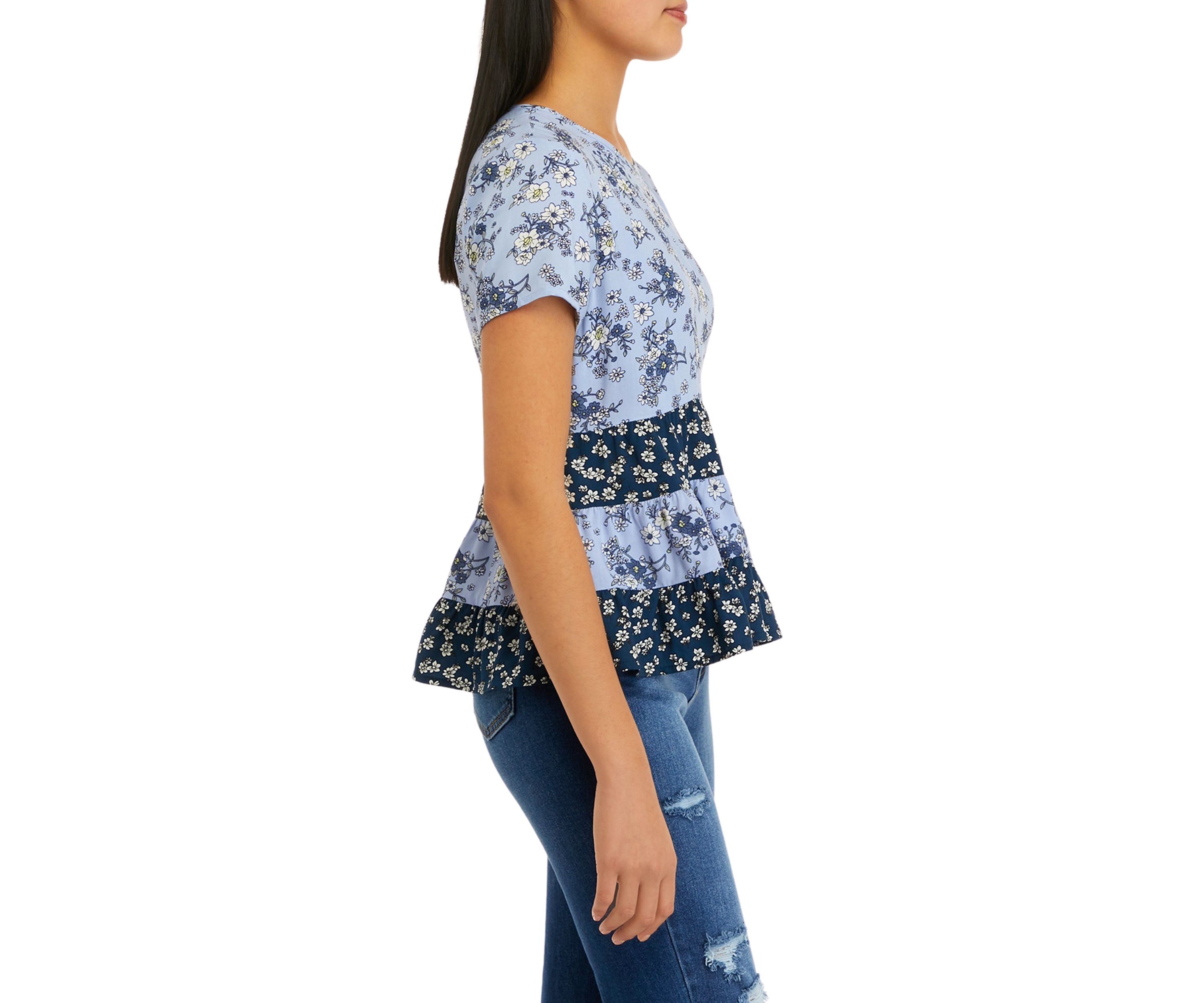 Juniors Short Sleeve Mixed Tiered Babydoll Top