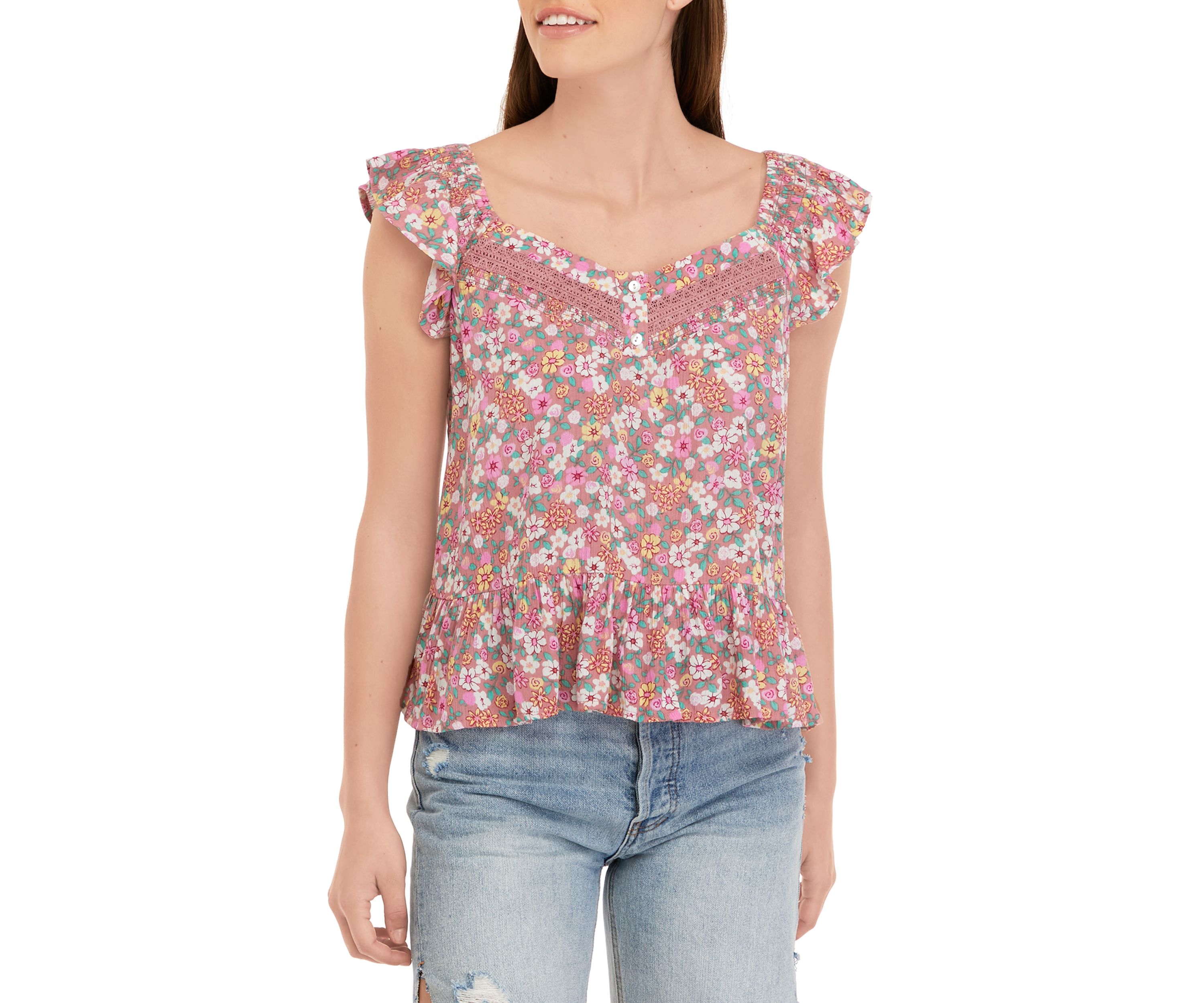 Juniors Flutter Sleeve Lace Trim Woven Shirt