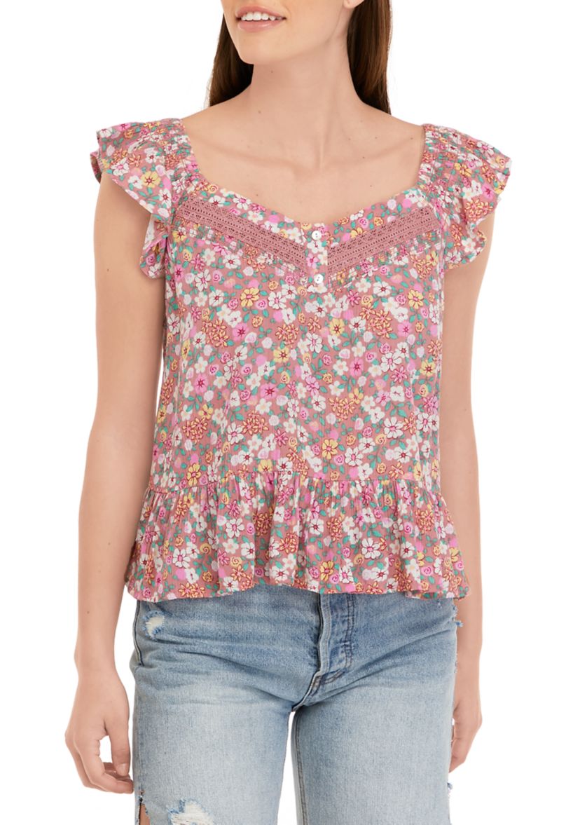 Juniors Flutter Sleeve Lace Trim Woven Shirt