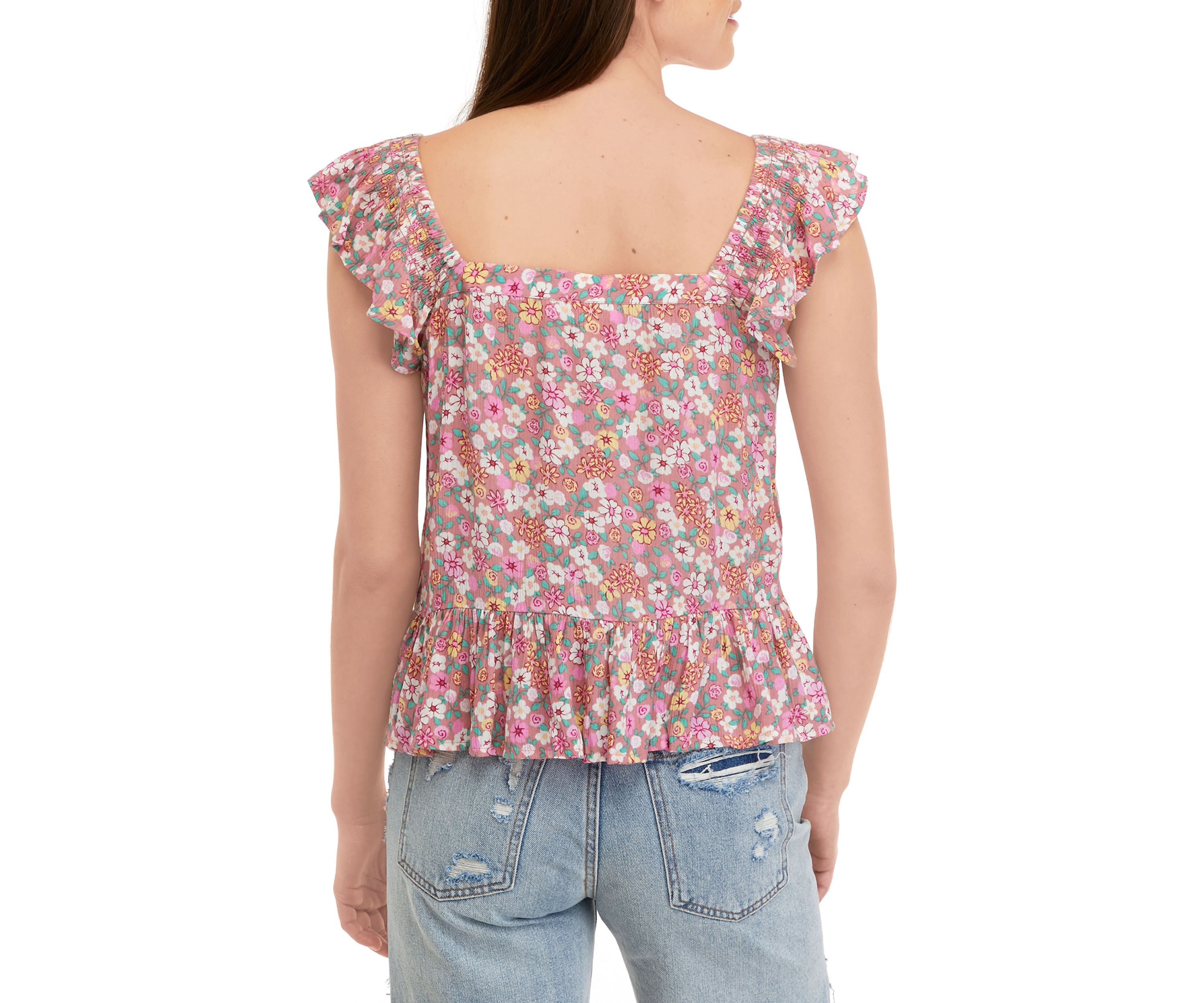 Juniors Flutter Sleeve Lace Trim Woven Shirt