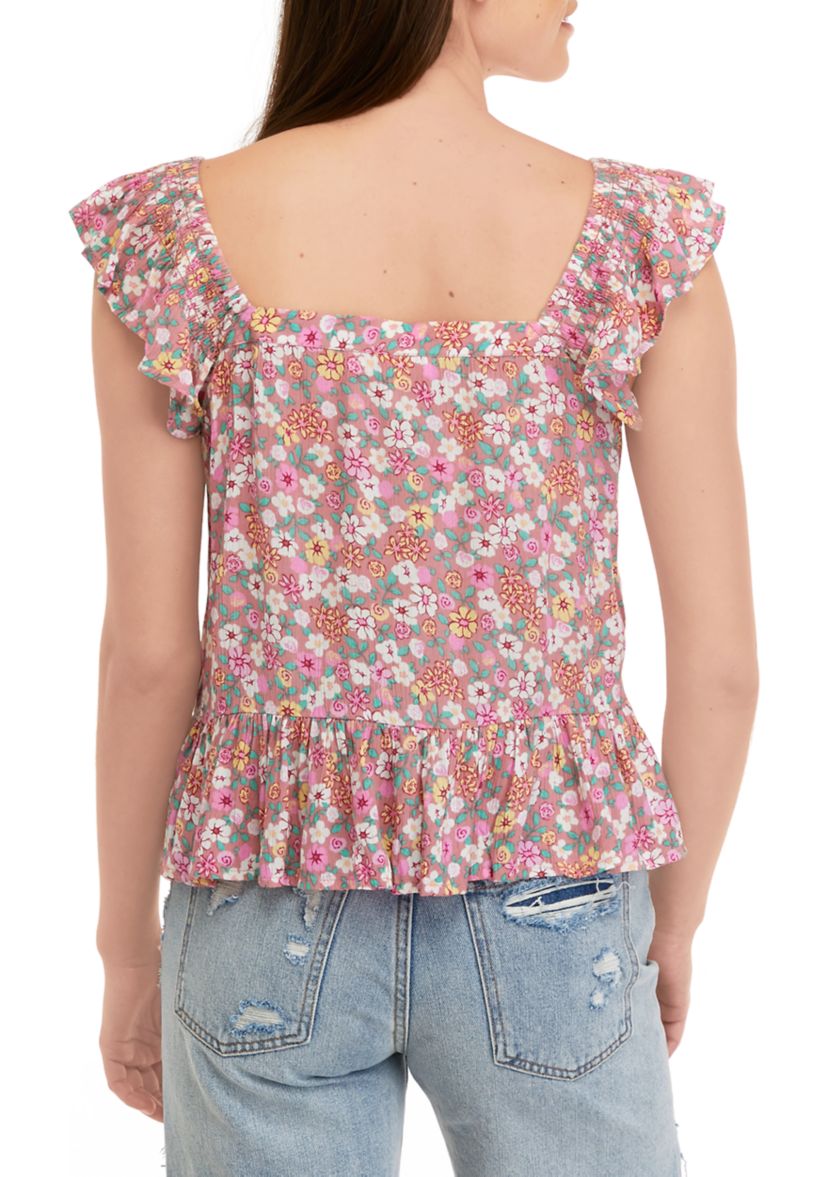 Juniors Flutter Sleeve Lace Trim Woven Shirt