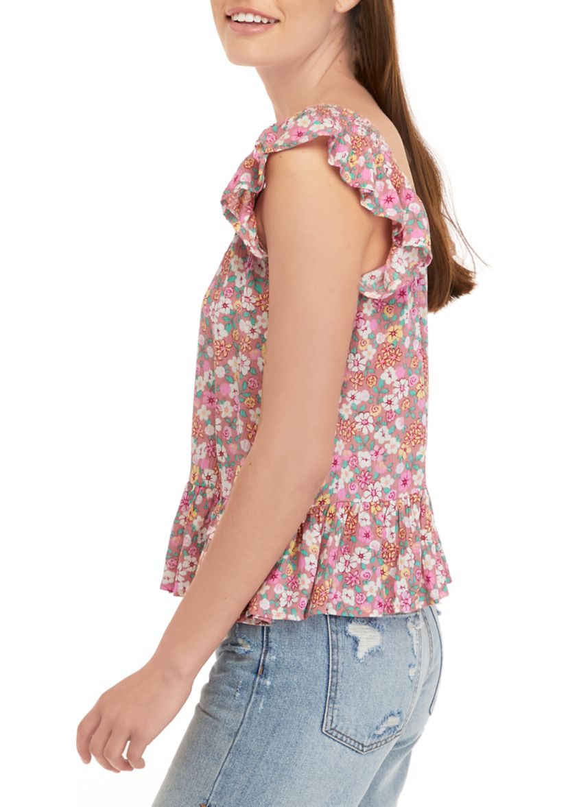 Juniors Flutter Sleeve Lace Trim Woven Shirt