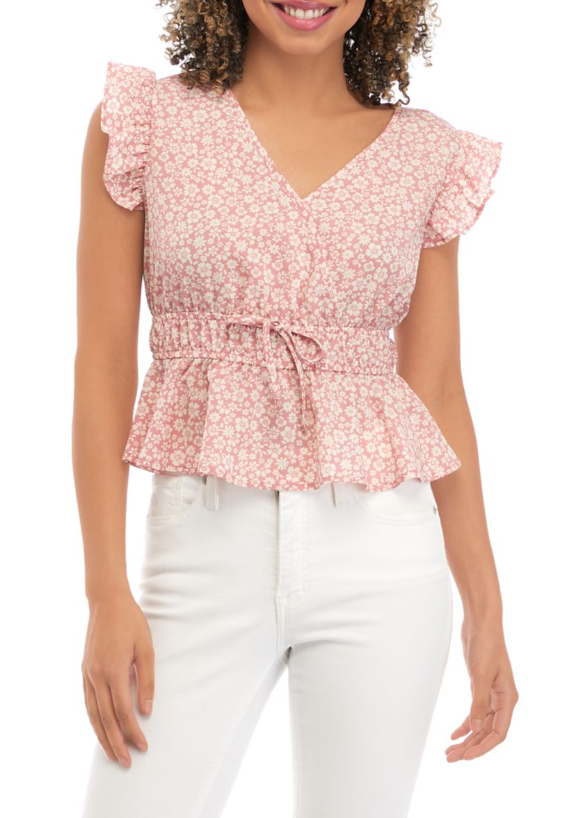 Juniors Flutter Sleeve Surplice Peplum Woven Top