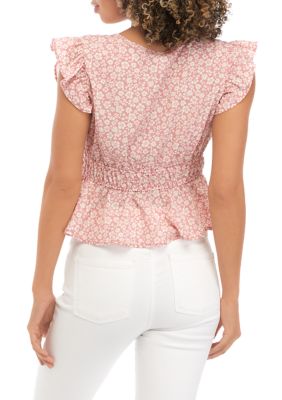 Juniors' Flutter Sleeve Surplice Peplum Woven Top