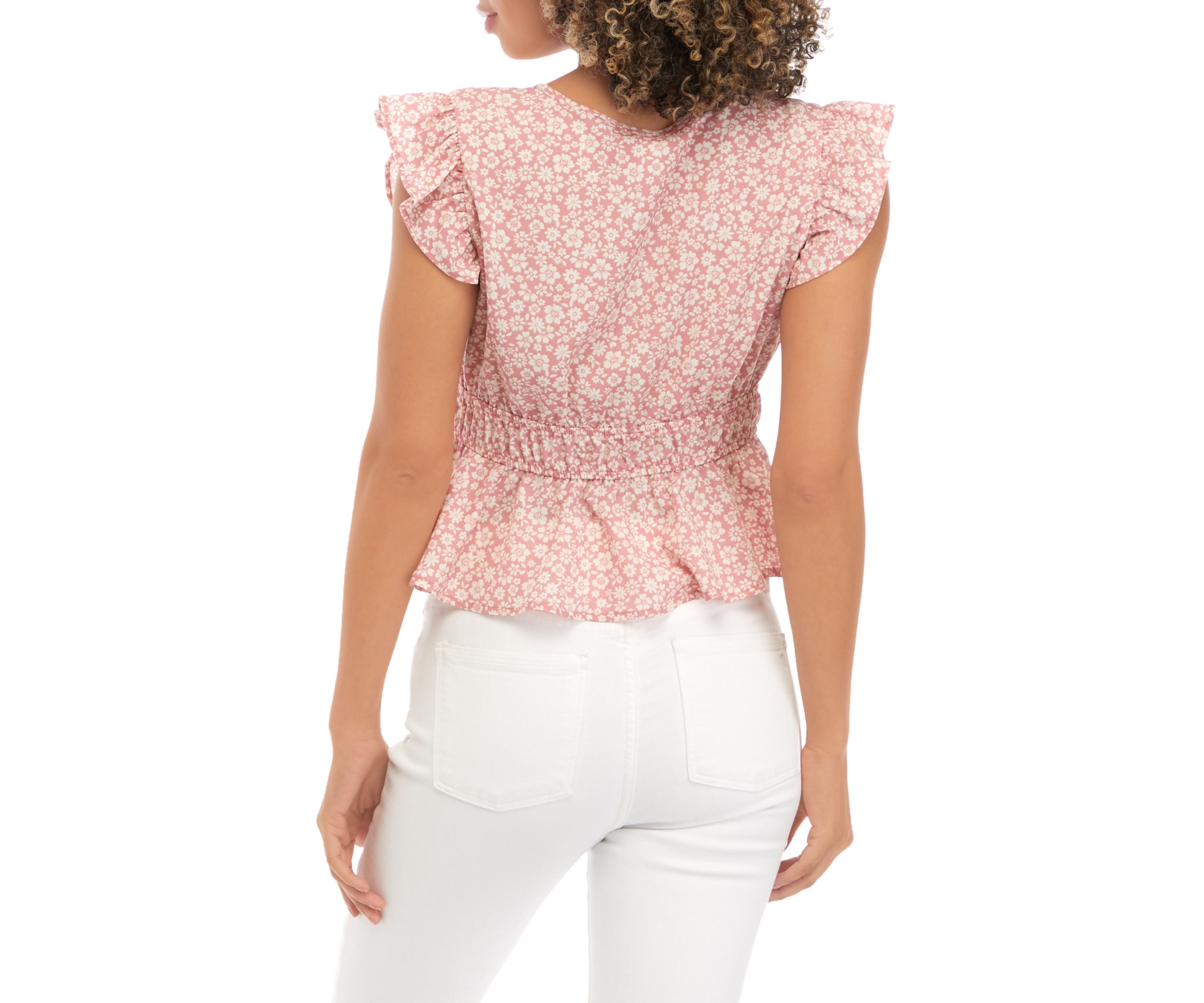 Juniors Flutter Sleeve Surplice Peplum Woven Top