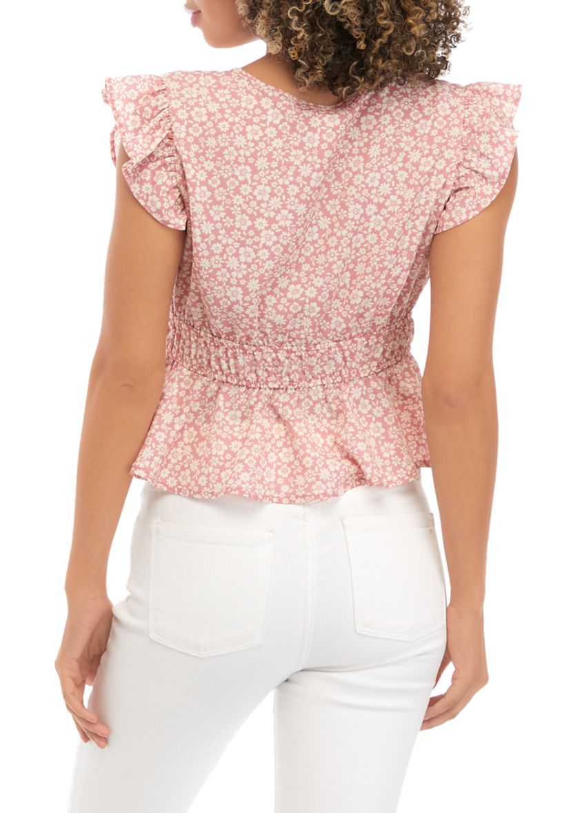 Juniors Flutter Sleeve Surplice Peplum Woven Top