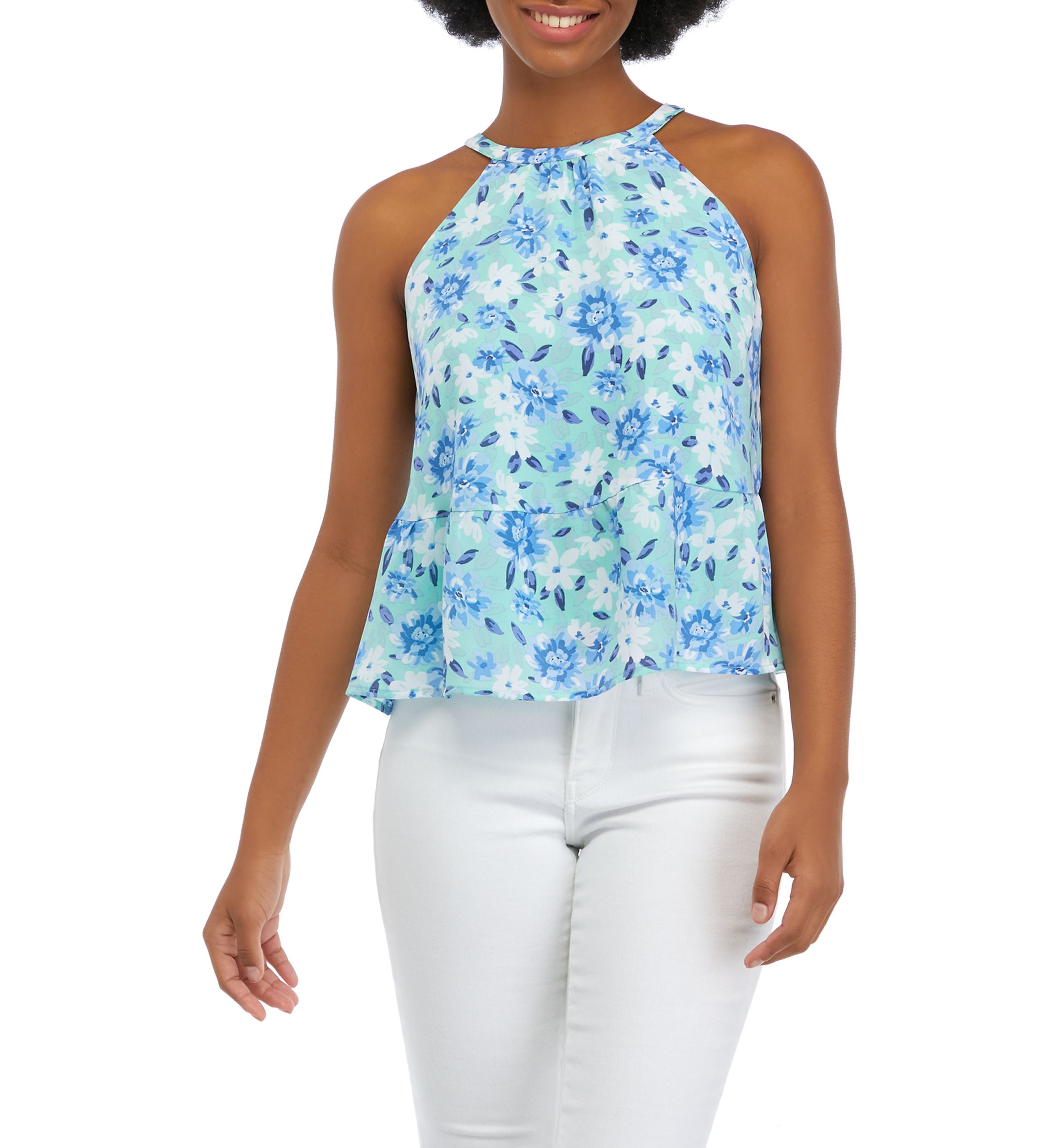 Juniors Sleeveless Halter Peplum Top