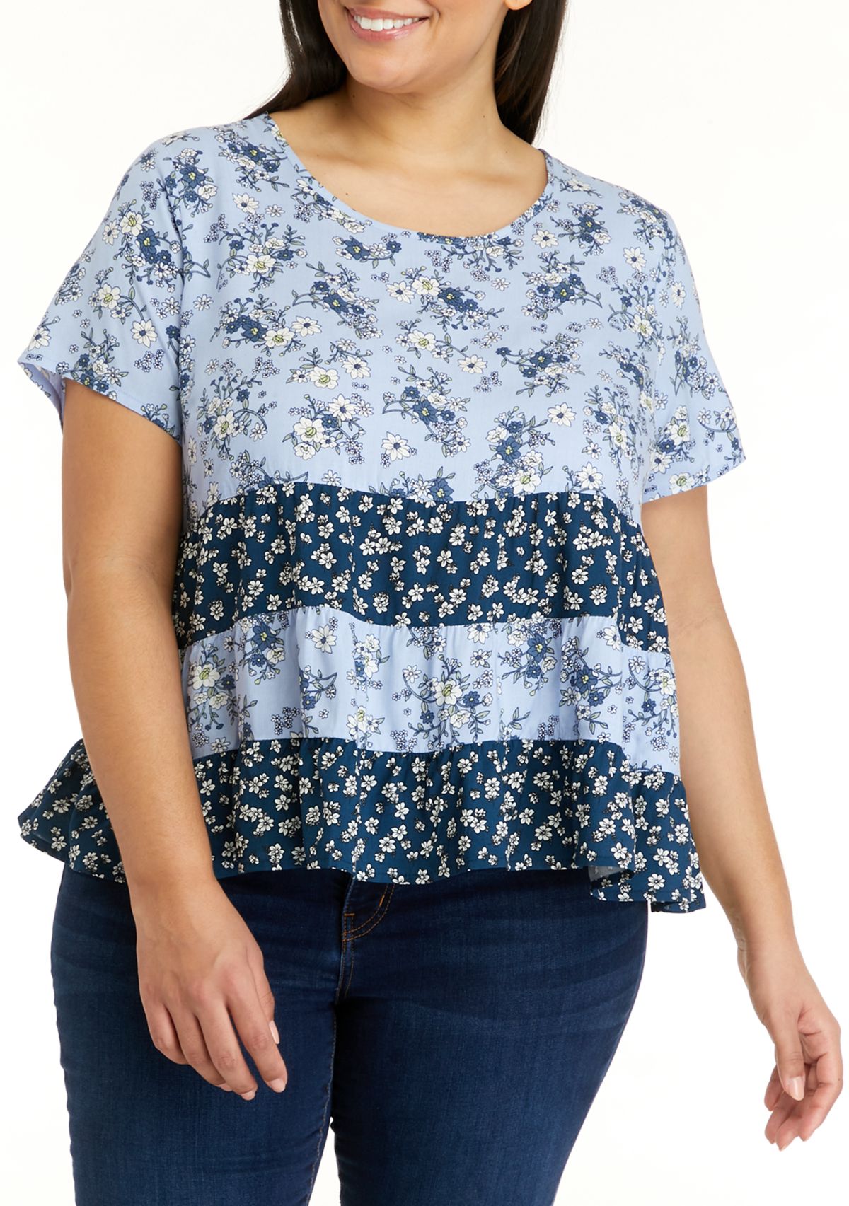Plus Size Short Sleeve Mixed Tiered Babydoll Top
