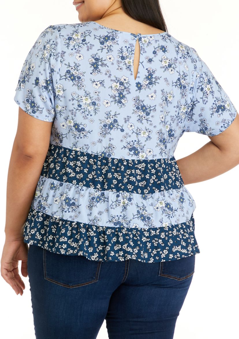 Plus Size Short Sleeve Mixed Tiered Babydoll Top