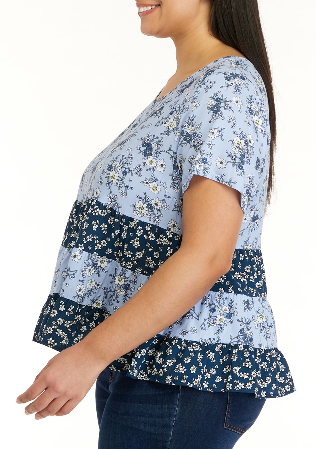 Plus Size Short Sleeve Mixed Tiered Babydoll Top