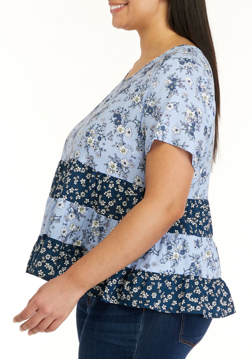 Plus Size Short Sleeve Mixed Tiered Babydoll Top