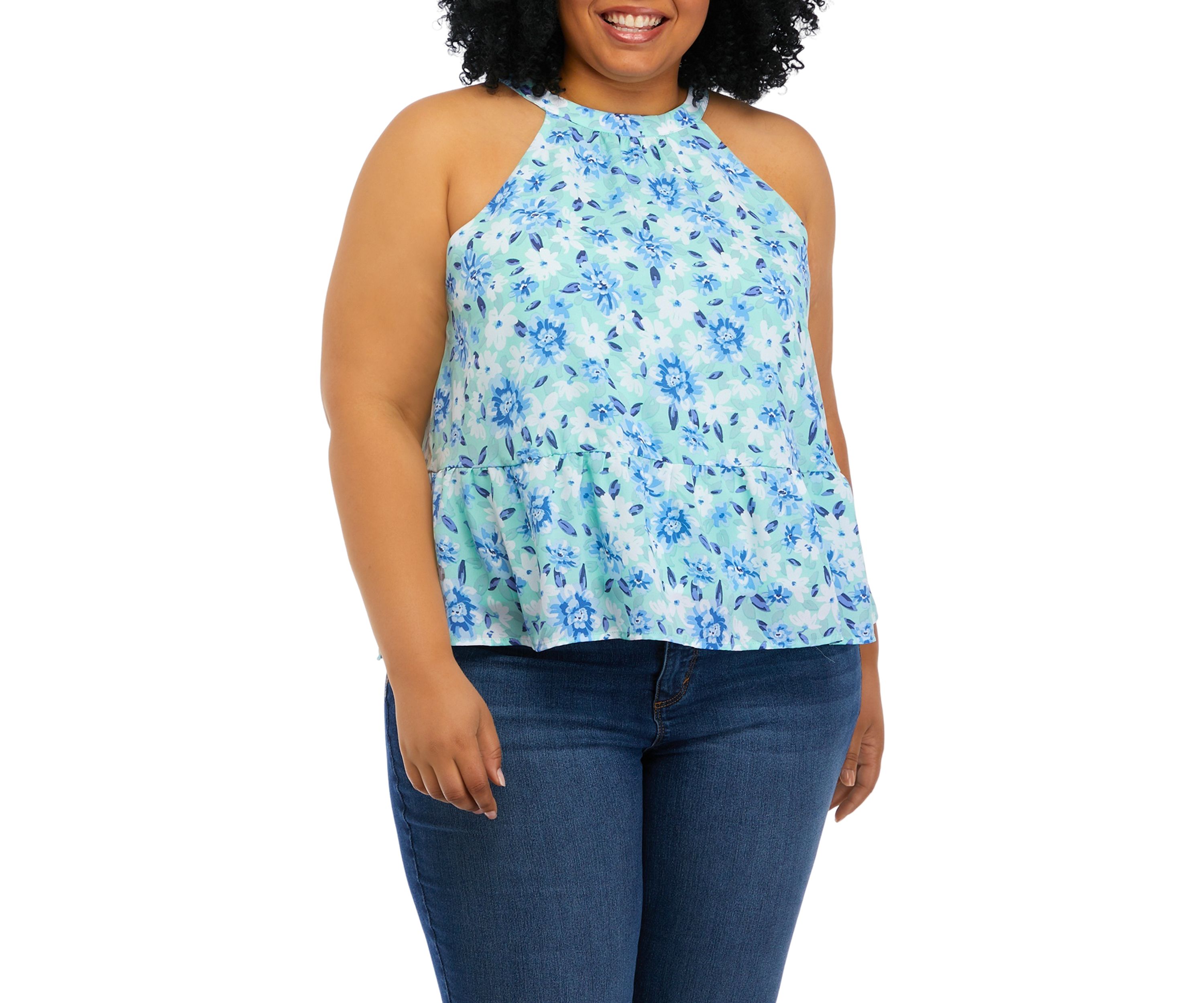 Plus Size Halter Neck Floral Peplum Tank 