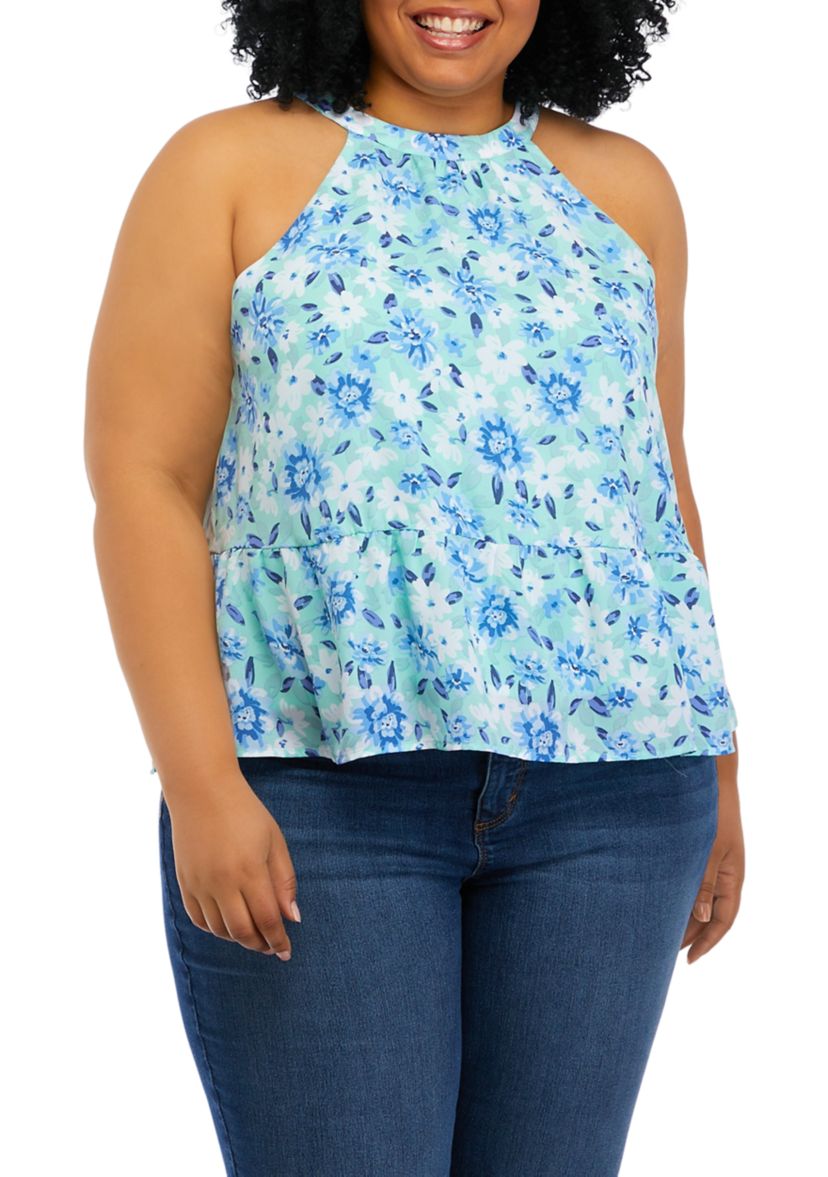 Plus Size Halter Neck Floral Peplum Tank 