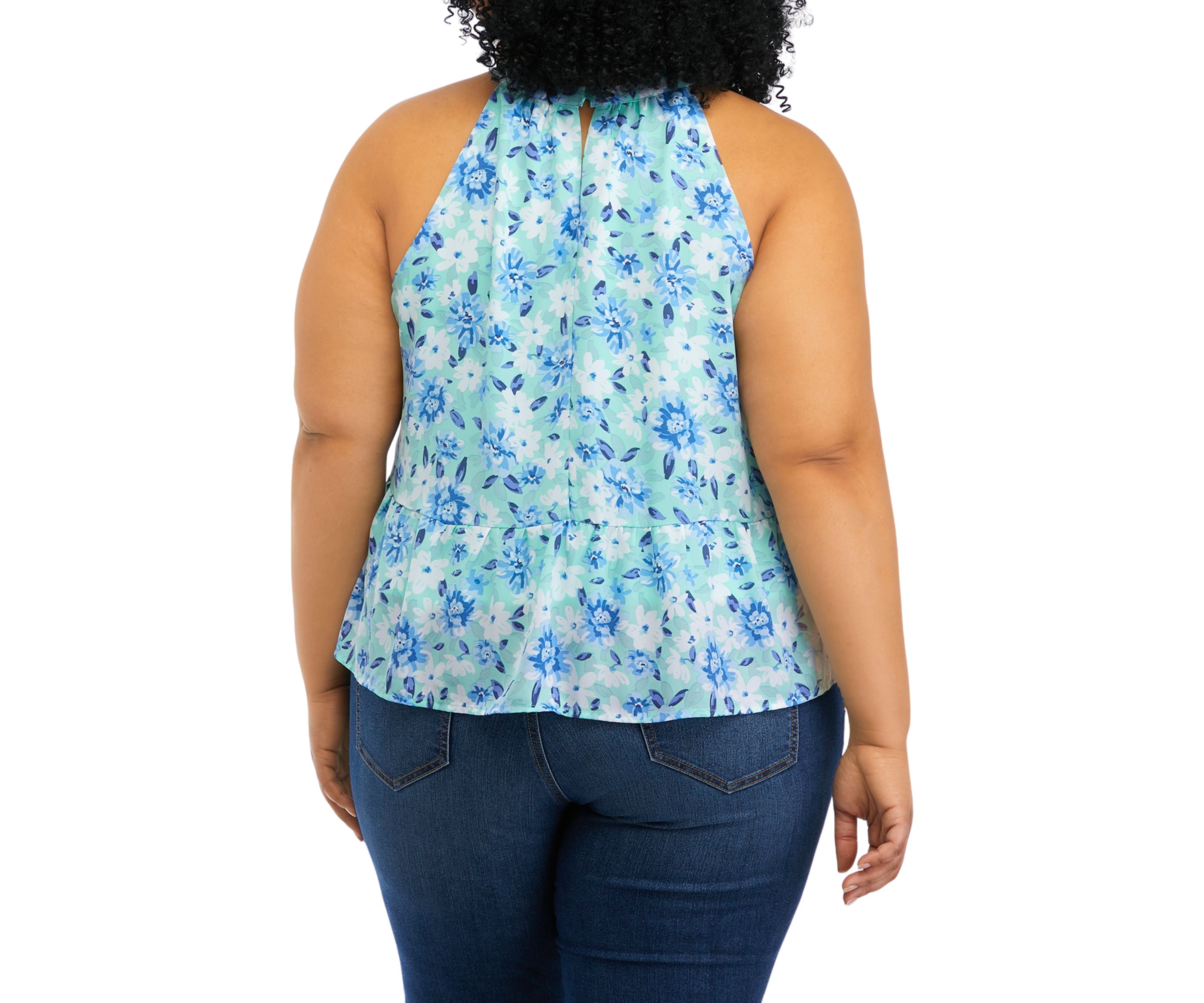 Plus Size Halter Neck Floral Peplum Tank 