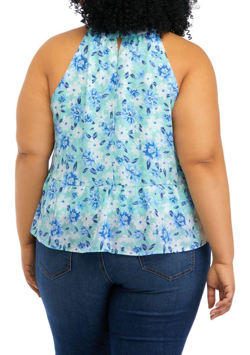 Plus Size Halter Neck Floral Peplum Tank 