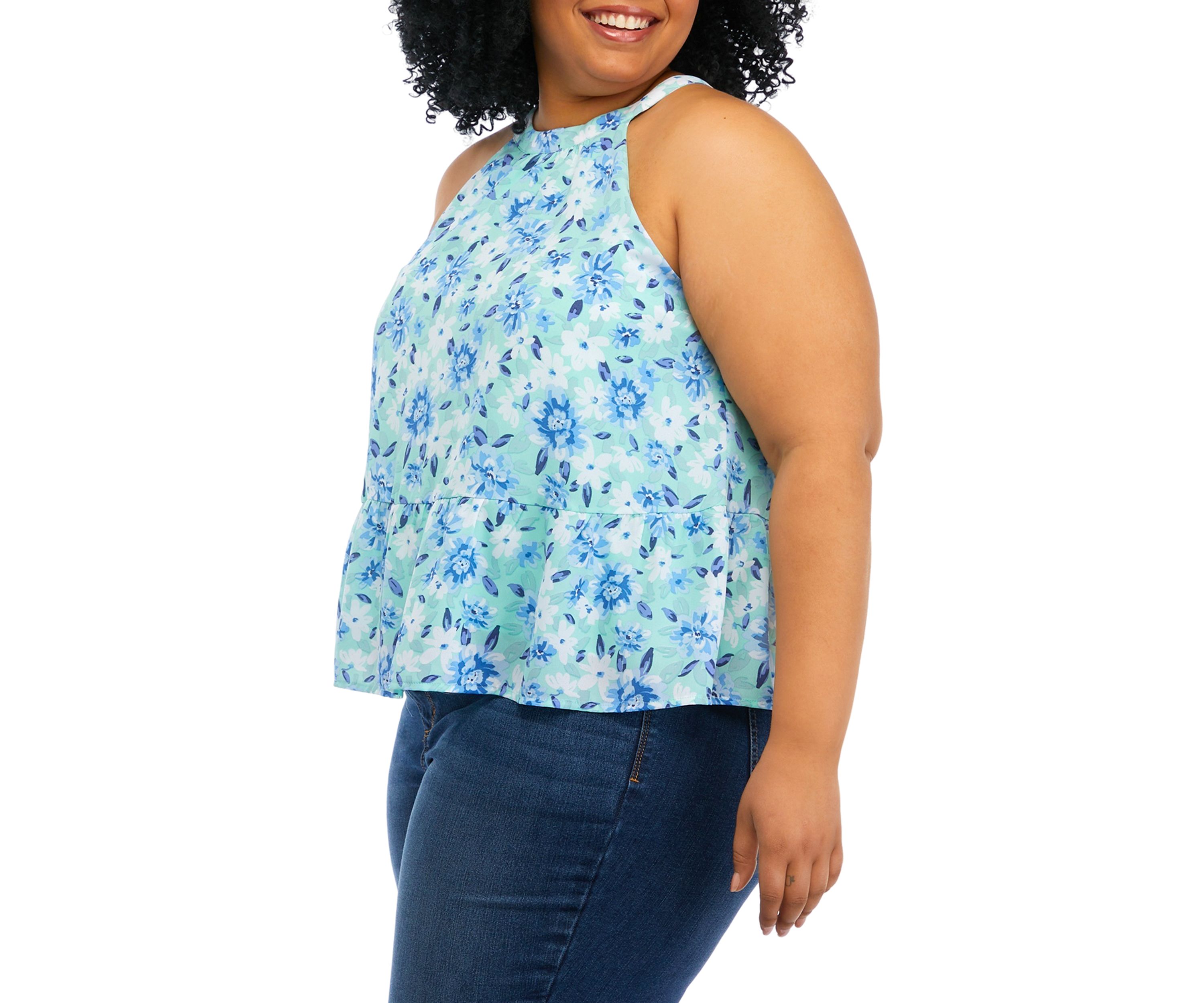 Plus Size Halter Neck Floral Peplum Tank 