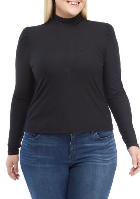 Plus Long Puff Sleeve Mock Neck Top