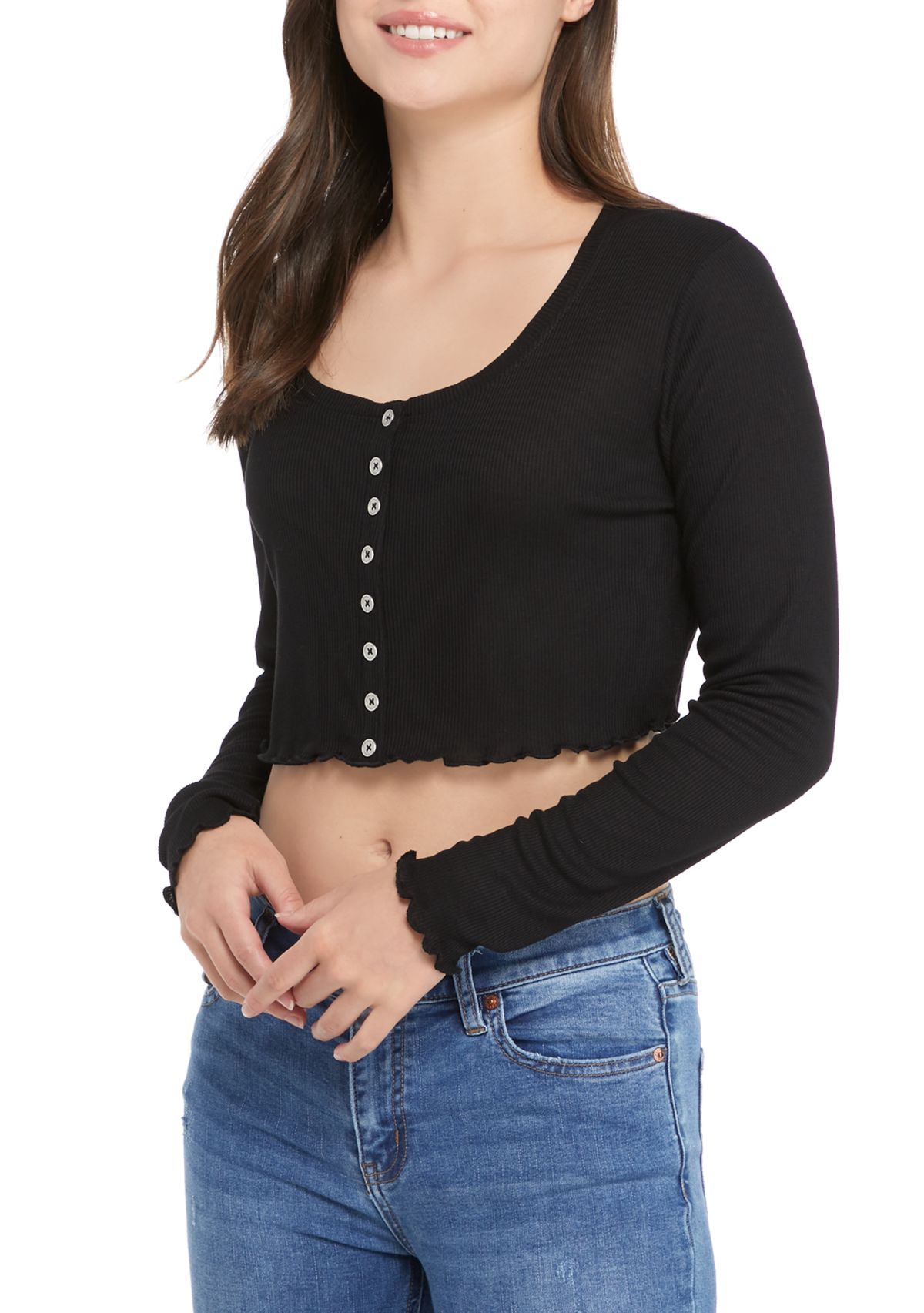 Juniors Long Sleeve Rib Knit Cropped Top 