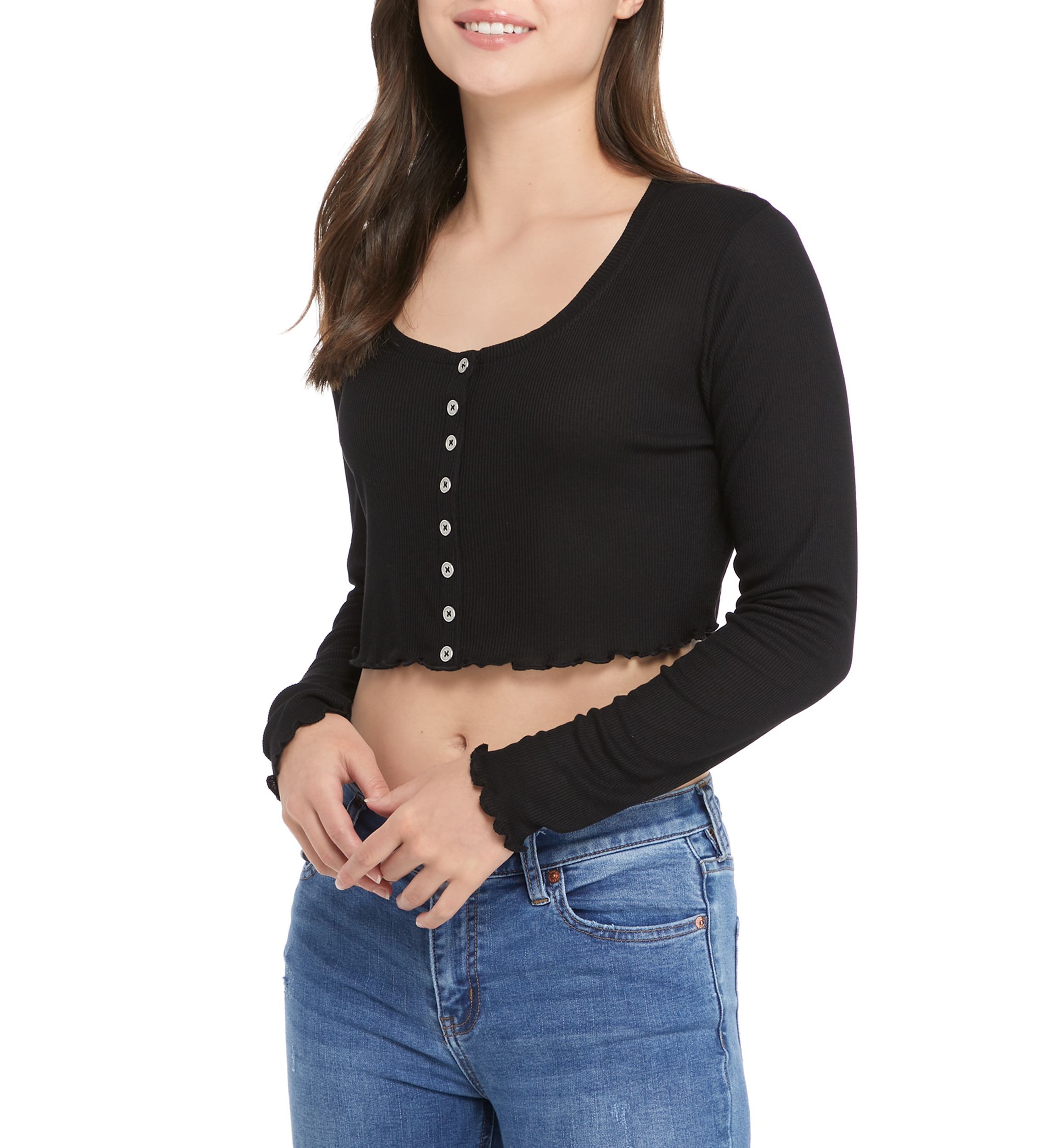 Juniors Long Sleeve Rib Knit Cropped Top 