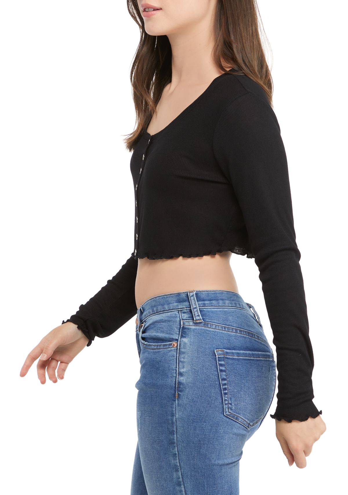 Juniors Long Sleeve Rib Knit Cropped Top 