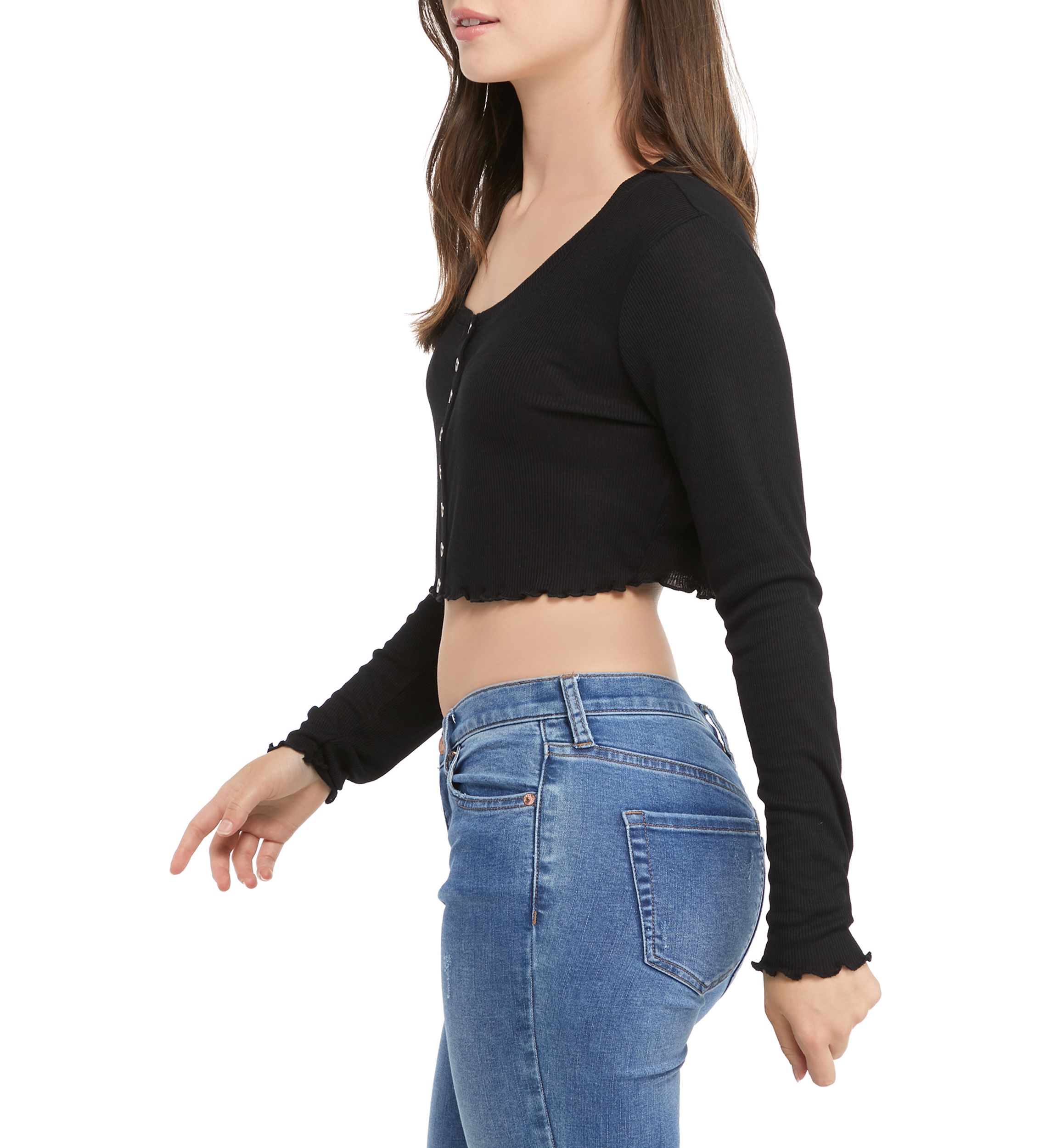 Juniors Long Sleeve Rib Knit Cropped Top 