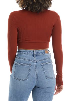 Juniors' Long Sleeve Twist Front Ribbed Top