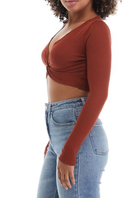 Juniors' Long Sleeve Twist Front Ribbed Top