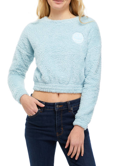 Juniors Banded Bottom Cropped Chest Graphic Pullover