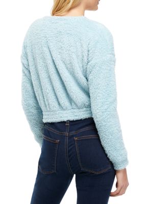 Juniors' Banded Bottom Cropped Chest Graphic Pullover