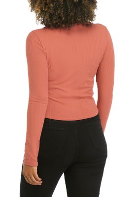 Juniors' Long Sleeve Collared Ruched Rib Knit Top