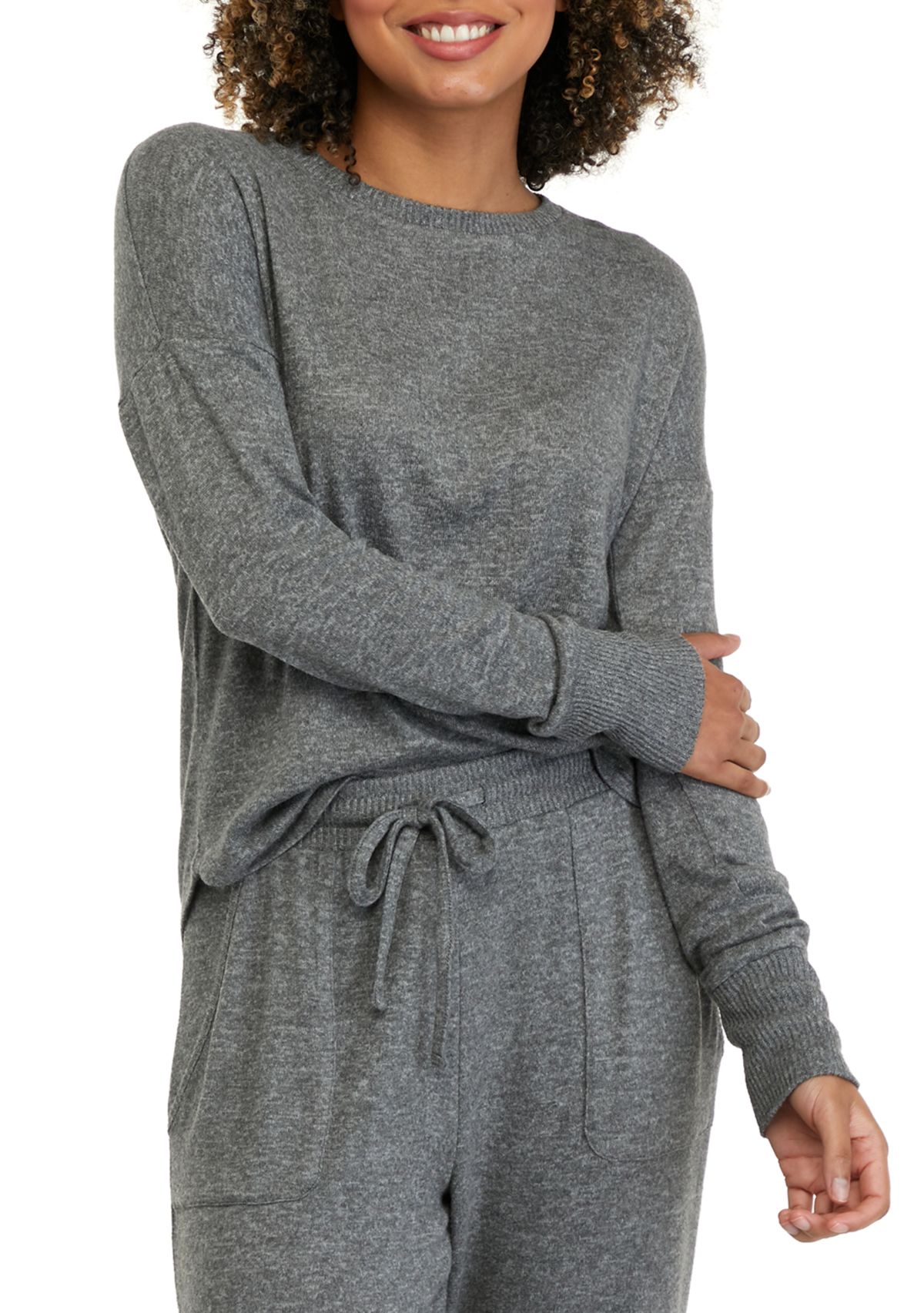 Juniors Long Sleeve Hacci Crew Neck Top 
