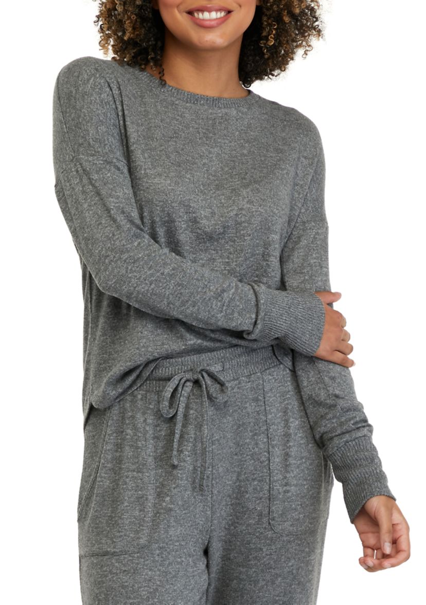 Juniors Long Sleeve Hacci Crew Neck Top 