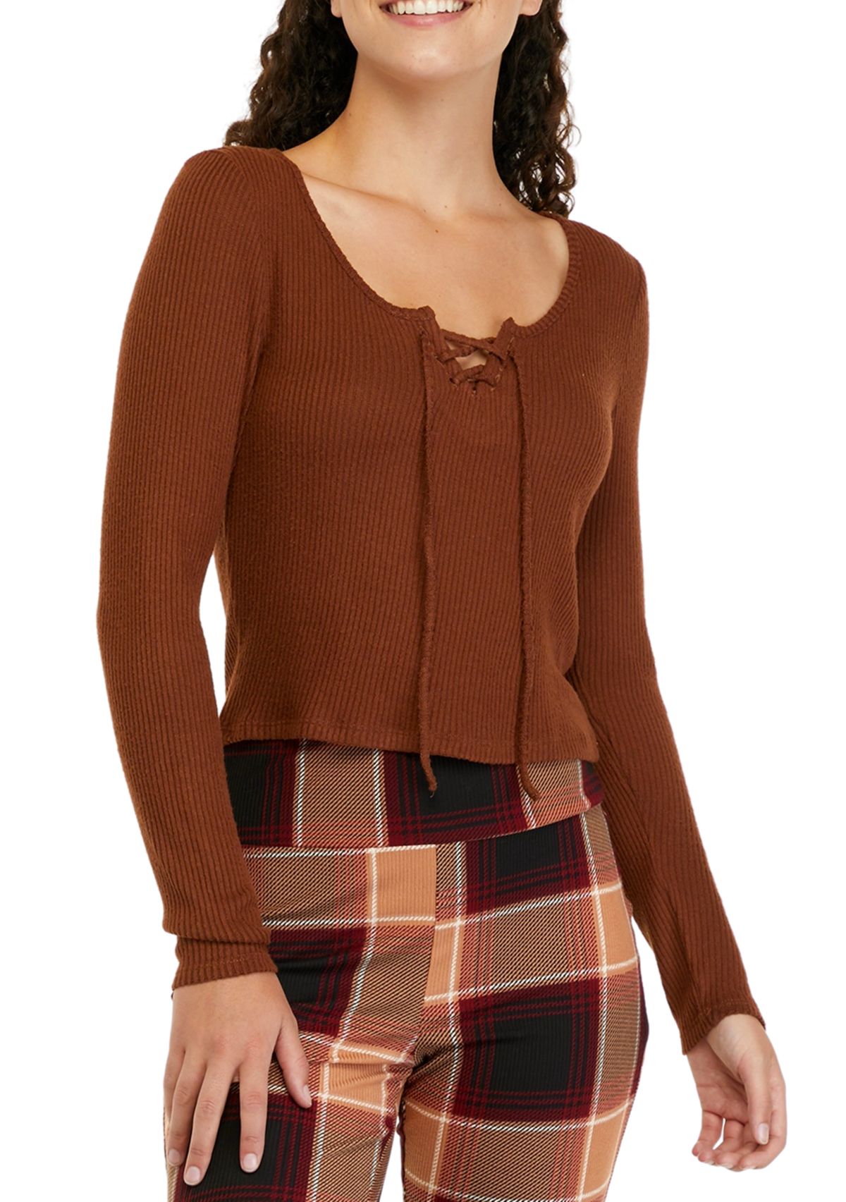 Juniors Long Sleeve Tie Ribbed Hacci Top