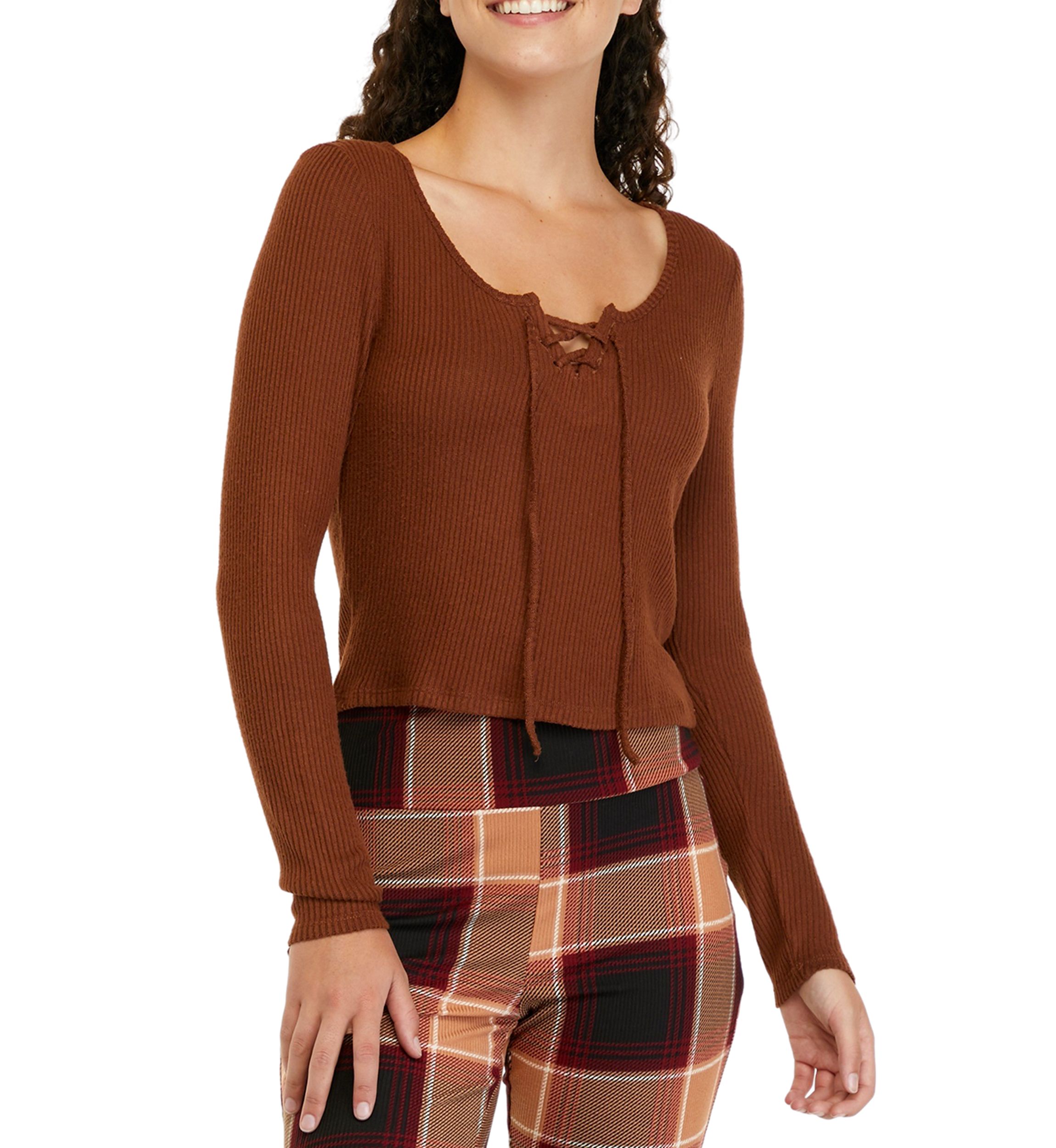 Juniors Long Sleeve Tie Ribbed Hacci Top