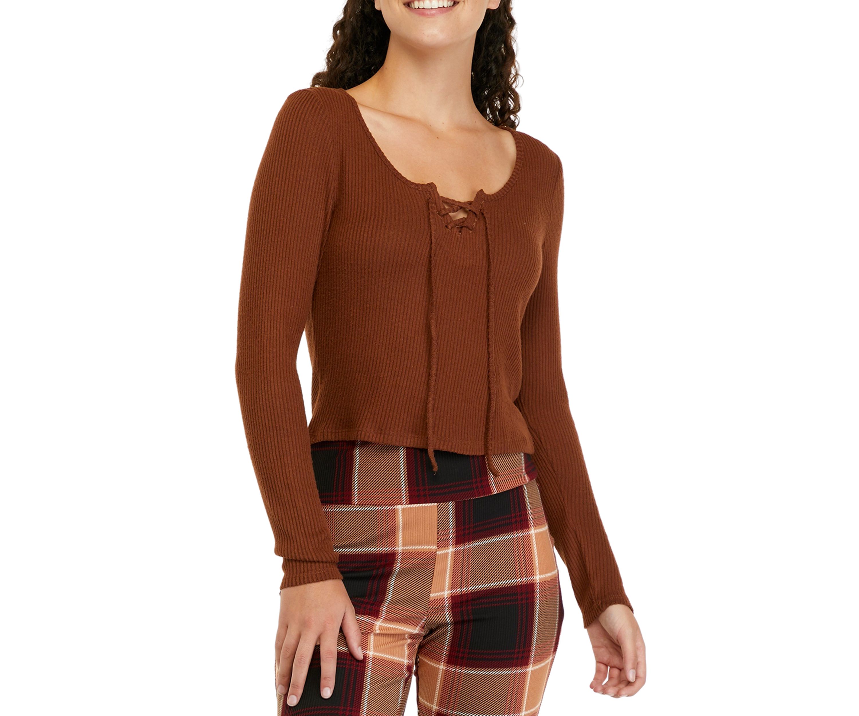 Juniors Long Sleeve Tie Ribbed Hacci Top
