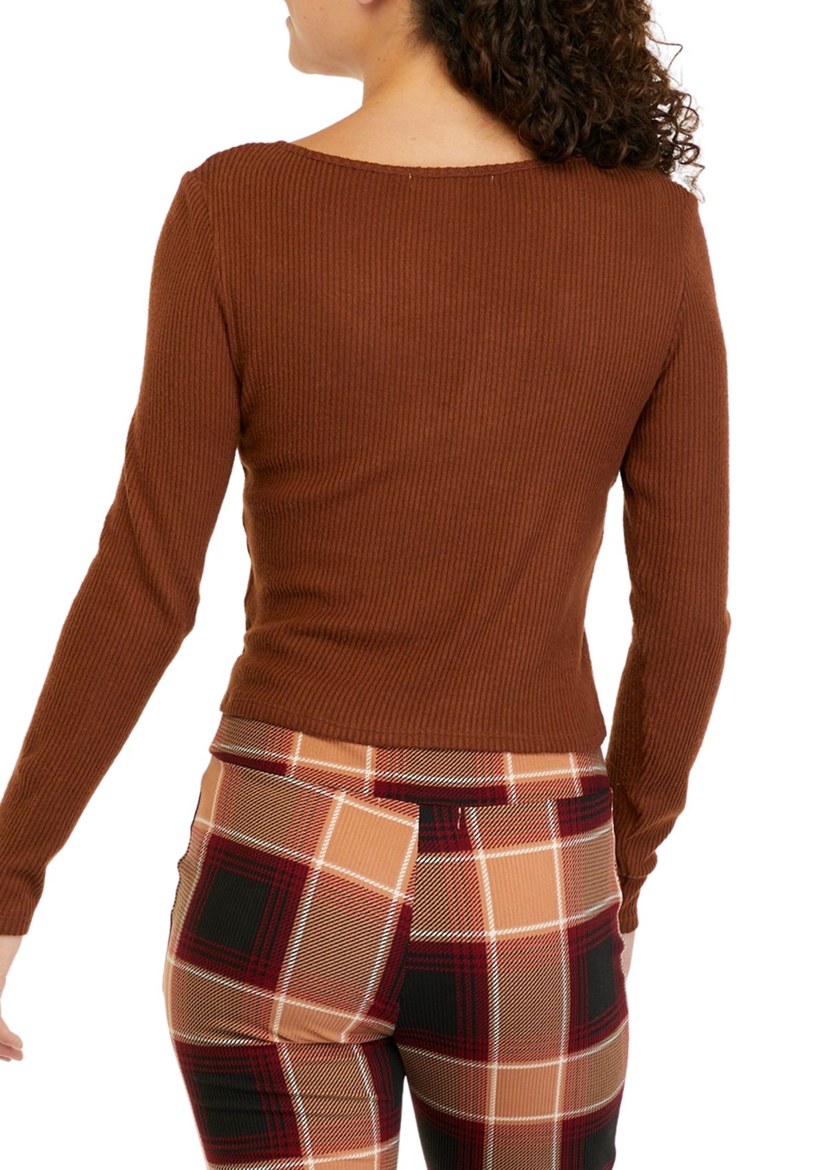 Juniors Long Sleeve Tie Ribbed Hacci Top