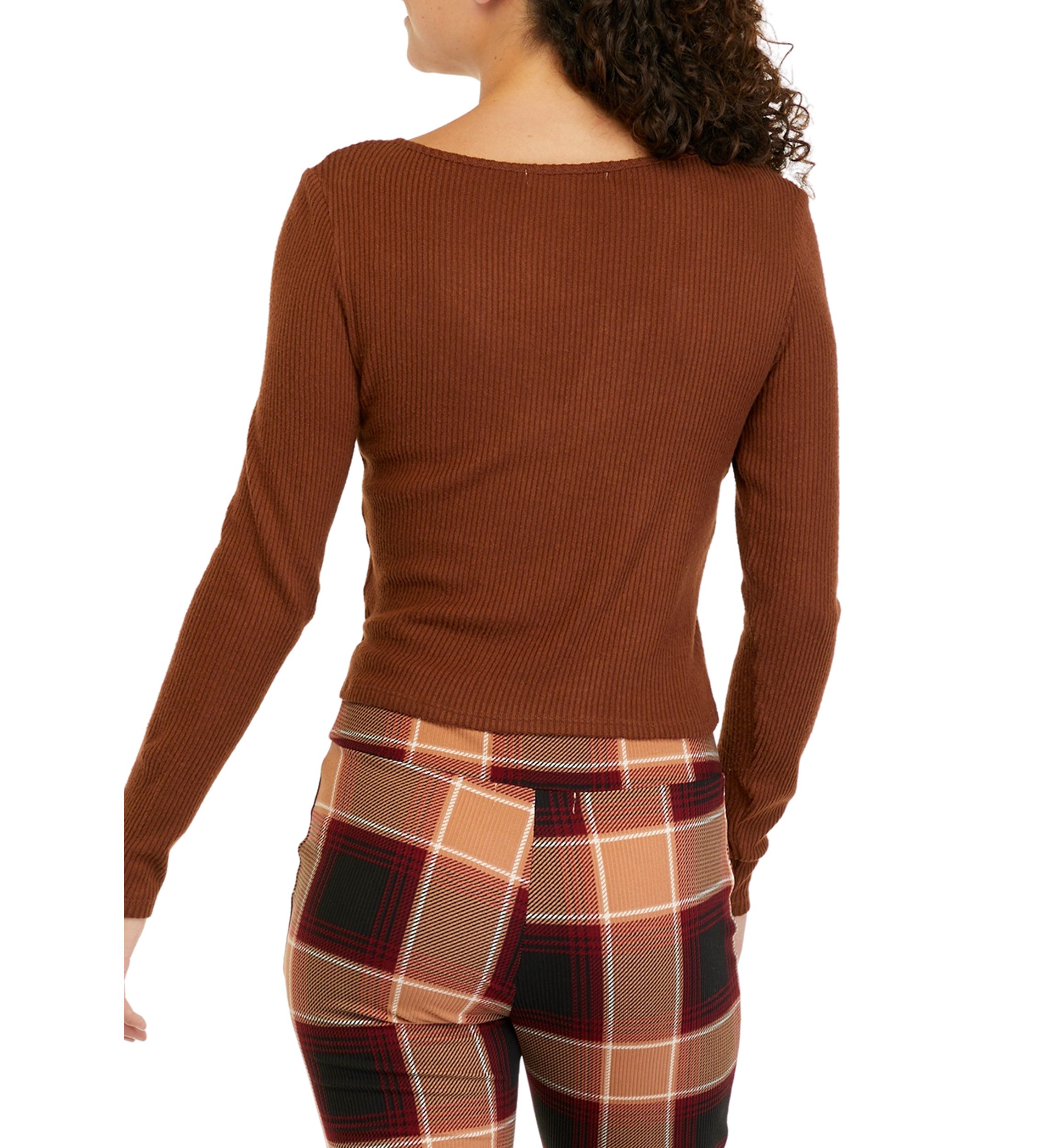 Juniors Long Sleeve Tie Ribbed Hacci Top