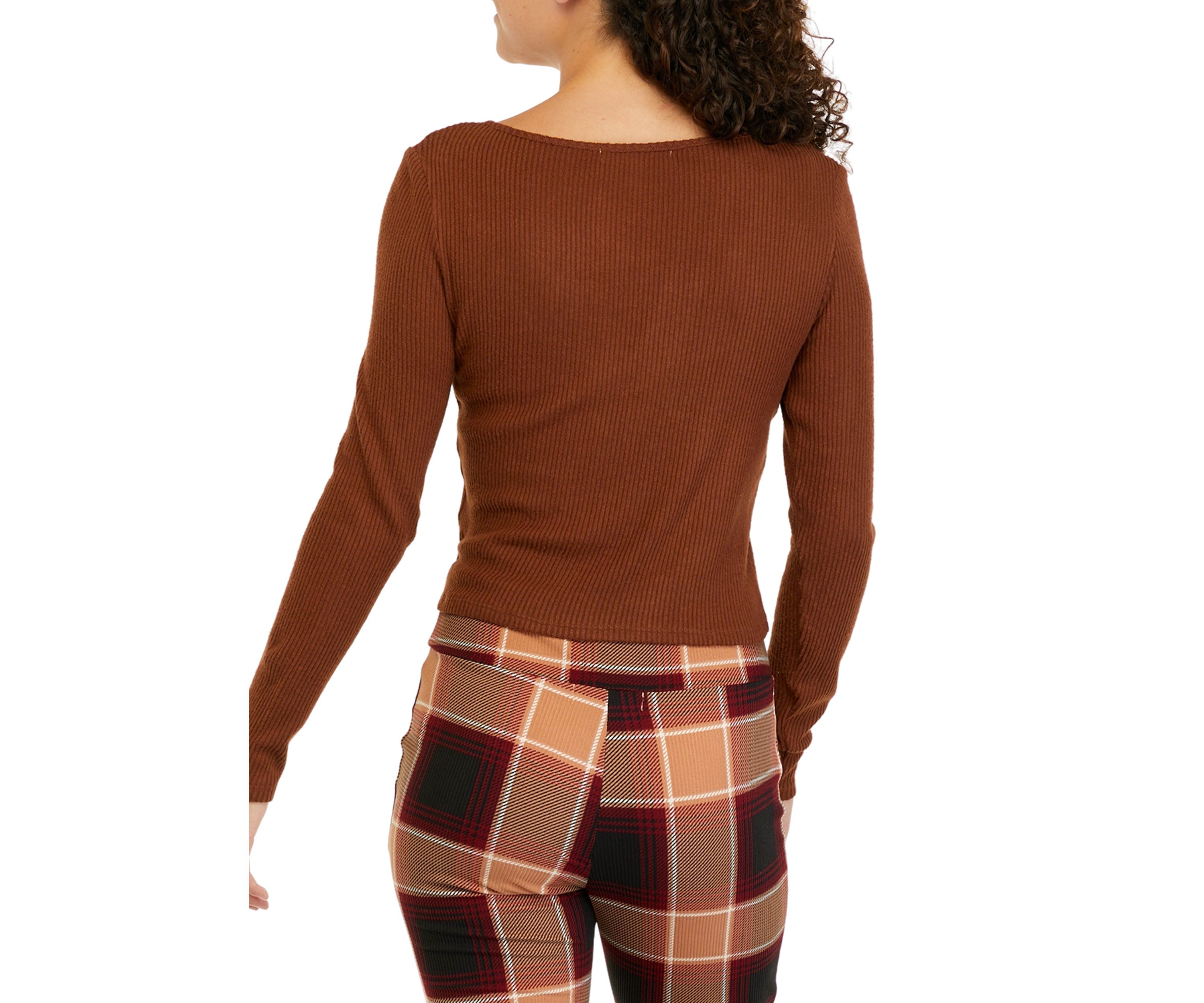 Juniors Long Sleeve Tie Ribbed Hacci Top