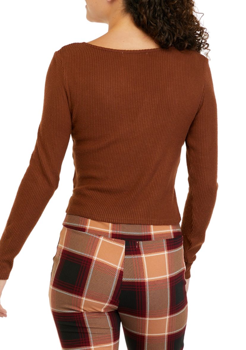 Juniors Long Sleeve Tie Ribbed Hacci Top