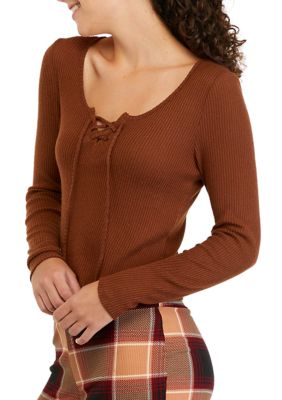 Juniors' Long Sleeve Tie Ribbed Hacci Top