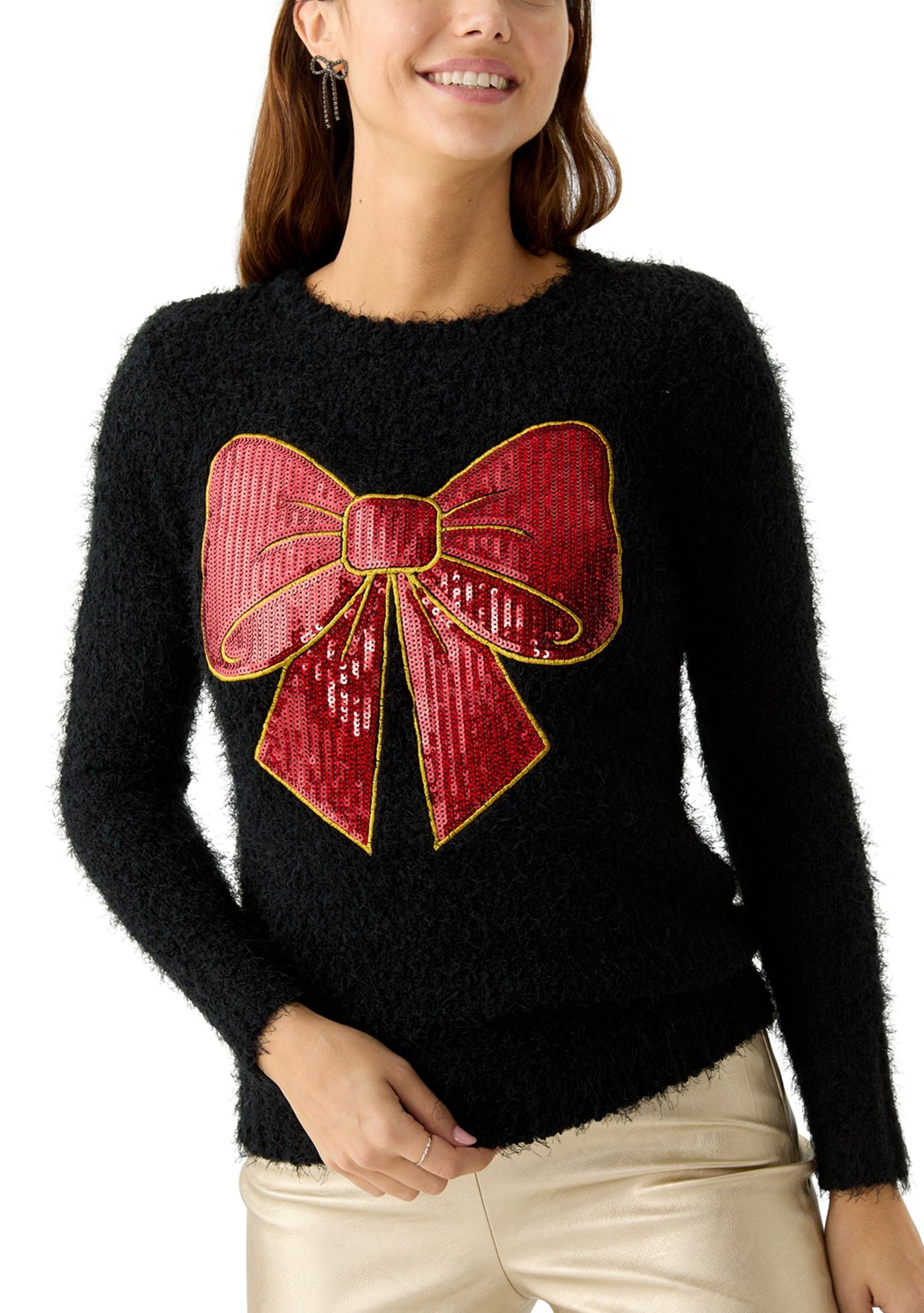 Womens Sequin Bow Sweater