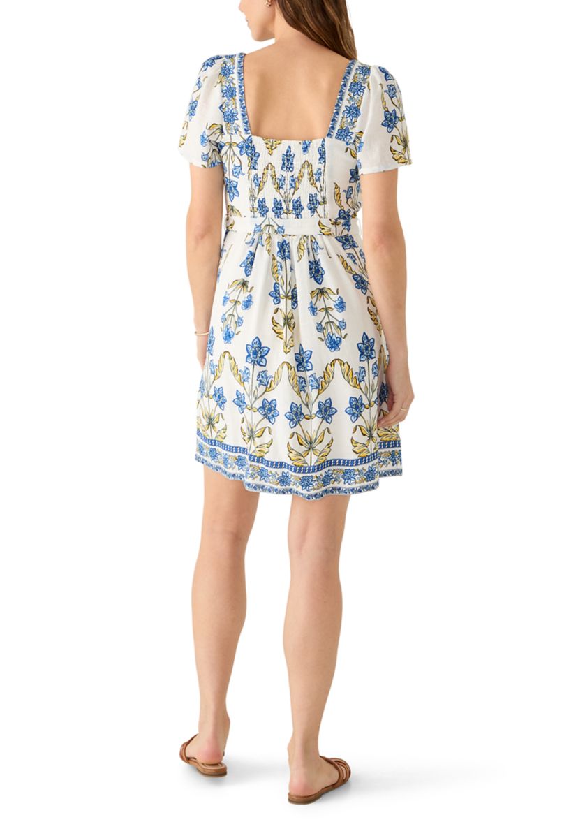 Draper James Women's Short Sleeve Square Neck Linen Blend Smocked Dress |  Belk